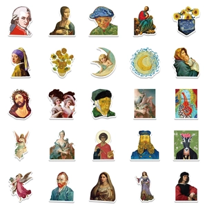 Set of 50 waterproof art stickers featuring classic Van Gogh and Da Vinci oil paintings