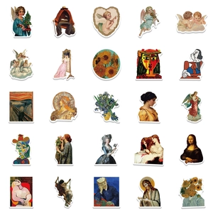 Set of 50 waterproof classic art stickers featuring Van Gogh and Da Vinci for DIY decor