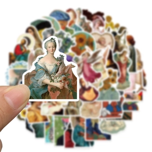 Detail of vintage oil painting stickers with waterproof finish and white borders
