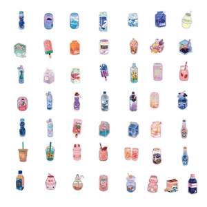 Close-up of 50 pieces cute drink-themed waterproof stickers for laptop and luggage decor