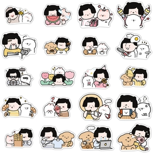 Detailed view of 20 assorted waterproof cartoon girl stickers with white border outlines