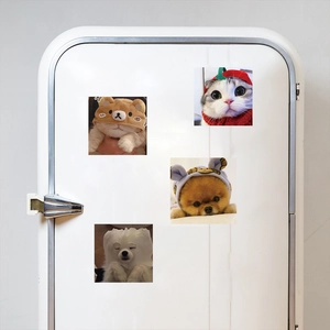 Close-up of cute cat and dog stickers in funny hats on a white vintage refrigerator