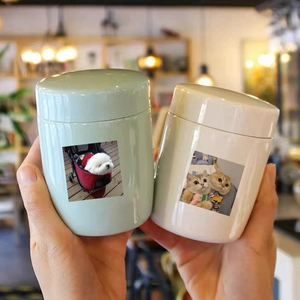 Custom ceramic pet memorial jars with personalized photos in white and light green finish