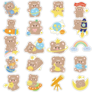Detailed flat lay of twenty unique cartoon bear space exploration waterproof stickers