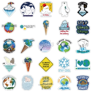 Detailed grid of 25 waterproof environmental stickers about global climate change