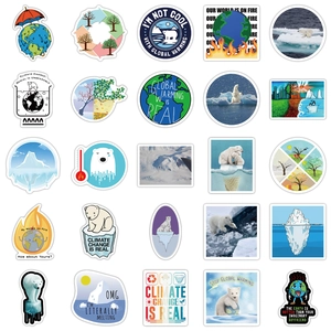 Detailed grid of 25 eco-friendly stickers focused on global warming and climate change themes