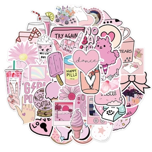 Lot de 50 autocollants roses de dessins animés avec des motifs mignons variés