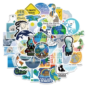 Variety of waterproof climate change stickers with polar bears and eco slogans
