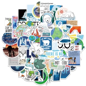 Detailed pile of eco-friendly climate change stickers for luggage and laptops