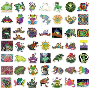 Set of 50 psychedelic frog stickers for laptop and luggage with vibrant aesthetic designs
