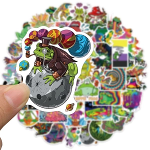 Psychedelic frog aesthetic stickers for laptops and luggage with vibrant hippie designs