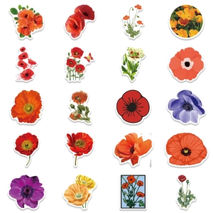 Lot de 20 autocollants de fleurs de pavot colorés étanches pour gourde et bagages
