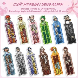Set of 30 cute cartoon character bookmarks with inspirational quotes and checkerboard pattern