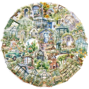 Detailansicht wasserfester Gartenhaus-Aufkleber mit Blumenhaus- und Vintage-Truck-Motiven