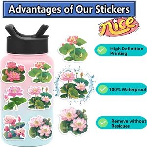 Detail of waterproof pink lotus stickers showing high definition print on a water bottle