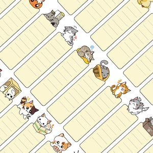 Macro view of cute cartoon cat bookmarks with yellow horizontal lines for notes and reading