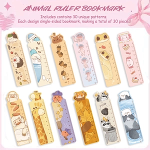 Set of 30 cute cartoon animal bookmarks with 10cm ruler function in pastel colors