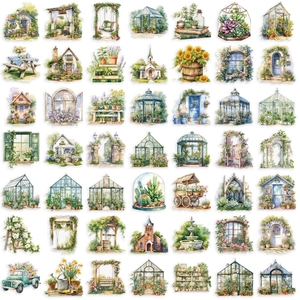 50er-Set wasserfeste Aquarell-Gartenhaus-Aufkleber aus PET für Scrapbooking und Dekoration