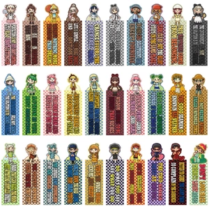 Matrix layout showing 30 sets of cartoon girl bookmarks with motivational English quotes