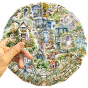 Detaillierte kreative Collage mit verschiedenen Gartenhaus-Aufklebern für DIY-Journale