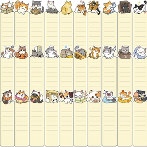 Detail view of 30 cartoon cat paper bookmarks with writing lines for journaling and reading