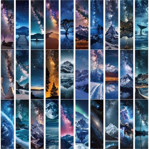 Vertical narrow bookmarks featuring diverse starry skies and natural landscapes