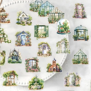 Nahaufnahme wasserfester Gartenhaus-Aufkleber mit Aquarell-Landschaftsmustern