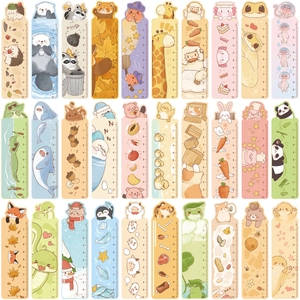 Detail view of 30 cartoon animal bookmarks with integrated 10cm measuring scales