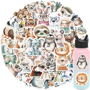 Waterproof cartoon animal stickers with glasses on a gradient water bottle close-up