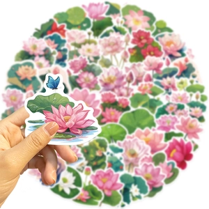 50 pieces of pink lotus flower waterproof stickers for laptop and DIY luggage decoration