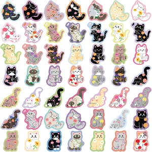 Set of 50 cartoon cat and floral waterproof stickers for journals and luggage