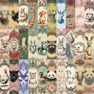 Set de 30 marcapáginas de animales vintage con bocetos clásicos en marcos florales