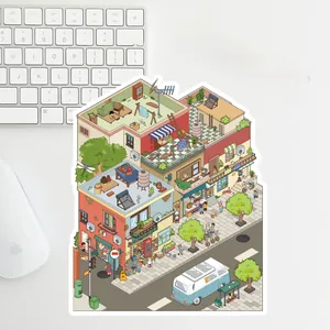 Detailed isometric view of a large strawberry house cartoon sticker on a white desk