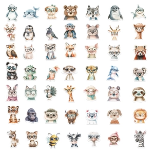 Set of 56 cute hand-drawn animal stickers wearing glasses for laptops and luggage