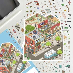 Detailed isometric strawberry house street scene stickers on desk with tablet