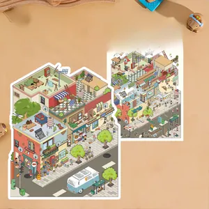 Detail of 3D strawberry house stickers with cute bear and capybara pins on orange background