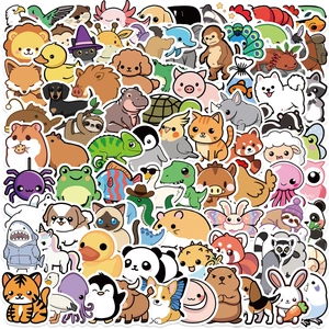 Close-up of assorted waterproof cartoon animal stickers for DIY laptop and guitar decor