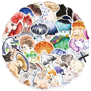 Close-up of 50pcs waterproof cartoon mushroom ghost stickers with watercolor textures