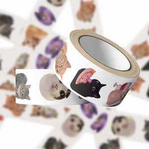 Roll of 500 white stickers featuring viral cartoon cat memes for DIY journals