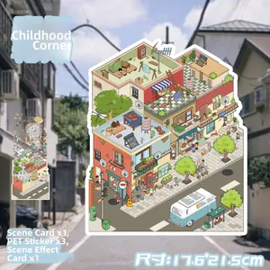 Detail view of Japanese street scene PET stickers including scene cards and 3D DIY layers