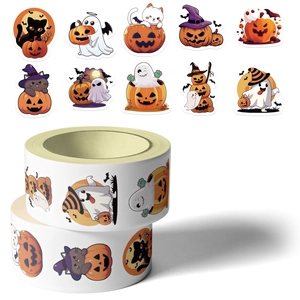 Close-up of Halloween sticker roll with cartoon pumpkin and black cat patterns