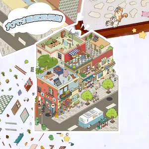 Macro detail of large 3D strawberry house cartoon stickers for creative DIY scrapbooking scenery