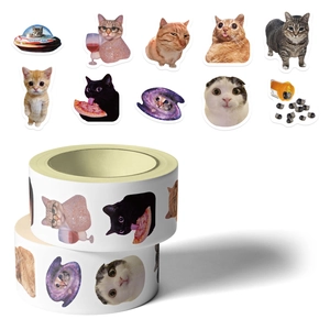 Close-up of decorative cartoon cat meme sticker rolls with diverse funny expressions