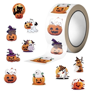 500pcs Halloween sticker roll featuring cartoon pumpkins, ghosts, and black cats decor