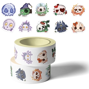 Close-up of 500-piece Groovy Skull adhesive tape rolls with ten unique cartoon designs