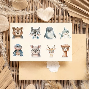 Waterproof cartoon animal stickers with glasses on natural kraft paper background
