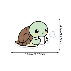 Detailed size chart for a cute cartoon turtle PVC sticker with precise dimensions