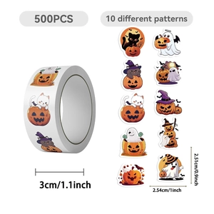 500pcs Halloween pumpkin stickers roll with 10 different cartoon patterns for decoration