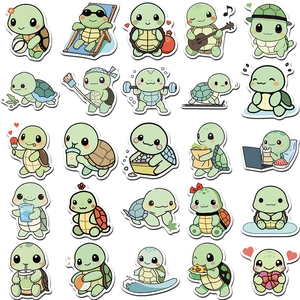 Detail view showing a variety of cartoon turtle stickers for laptops and luggage