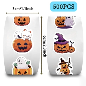 Detail showing 3cm Halloween sticker roll dimensions with 500 pumpkin and ghost decals